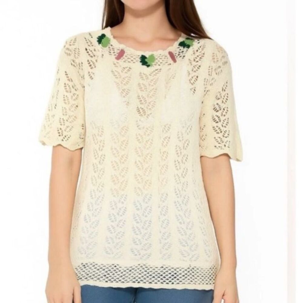 Vintage 80s Gina Peters Ivory Open Leaf Crochet Embroidered SS Tunic Sweater L